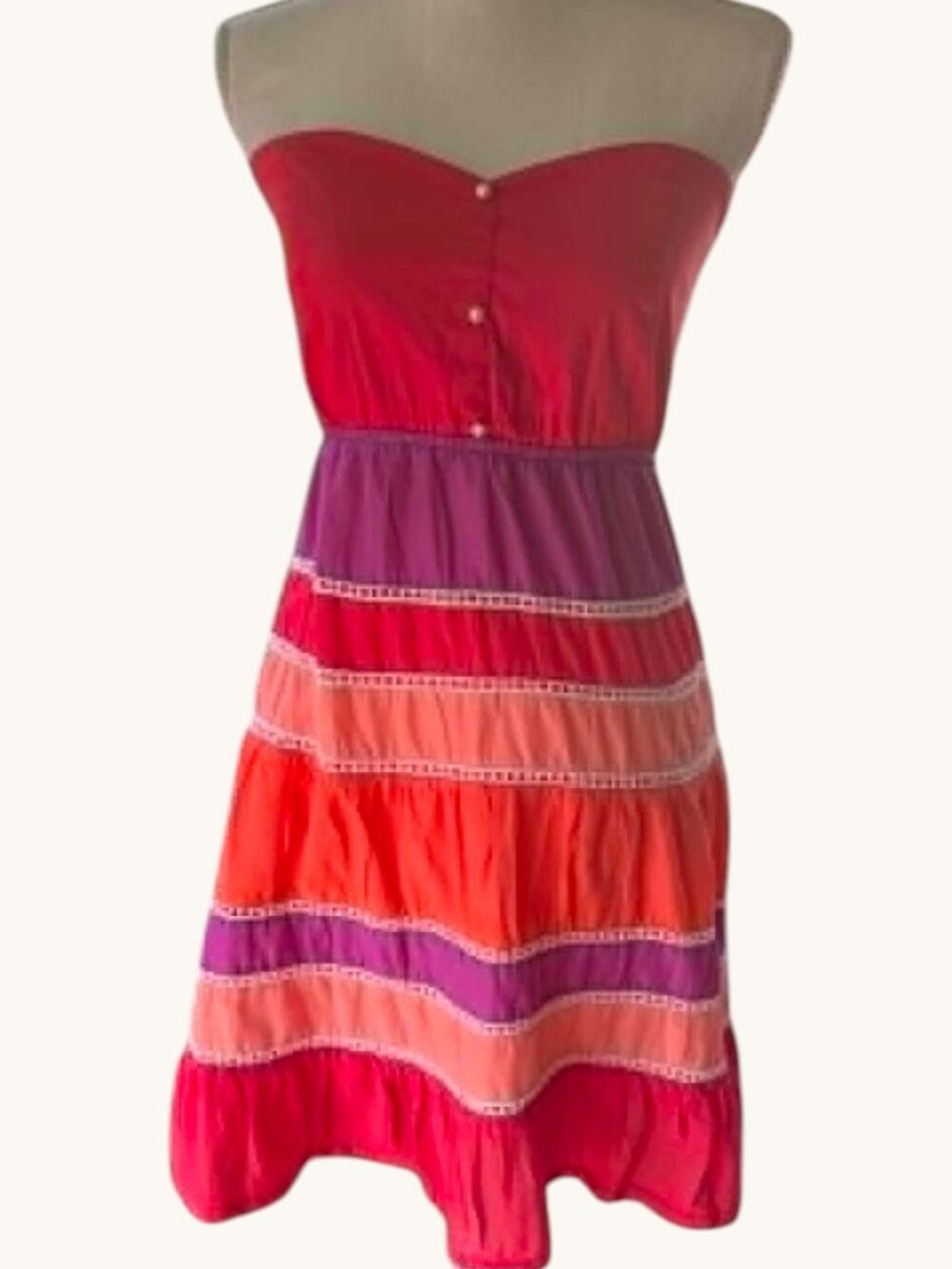Judith March Strapless Stiped Tier Dress Small Orange Pink Purple Red Rick Rack